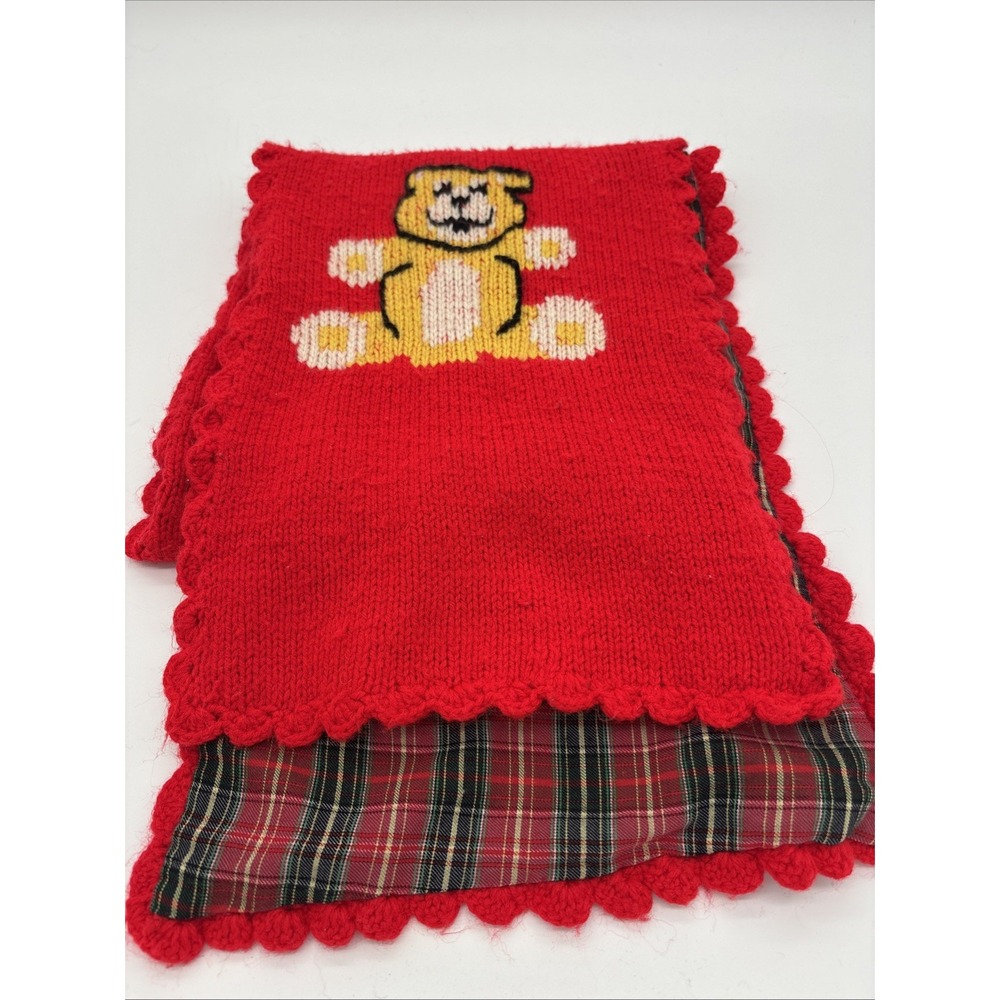 Vintage Red Childrens Scarf‎ With Teddy Bear And Plaid Liner 48 X 9"